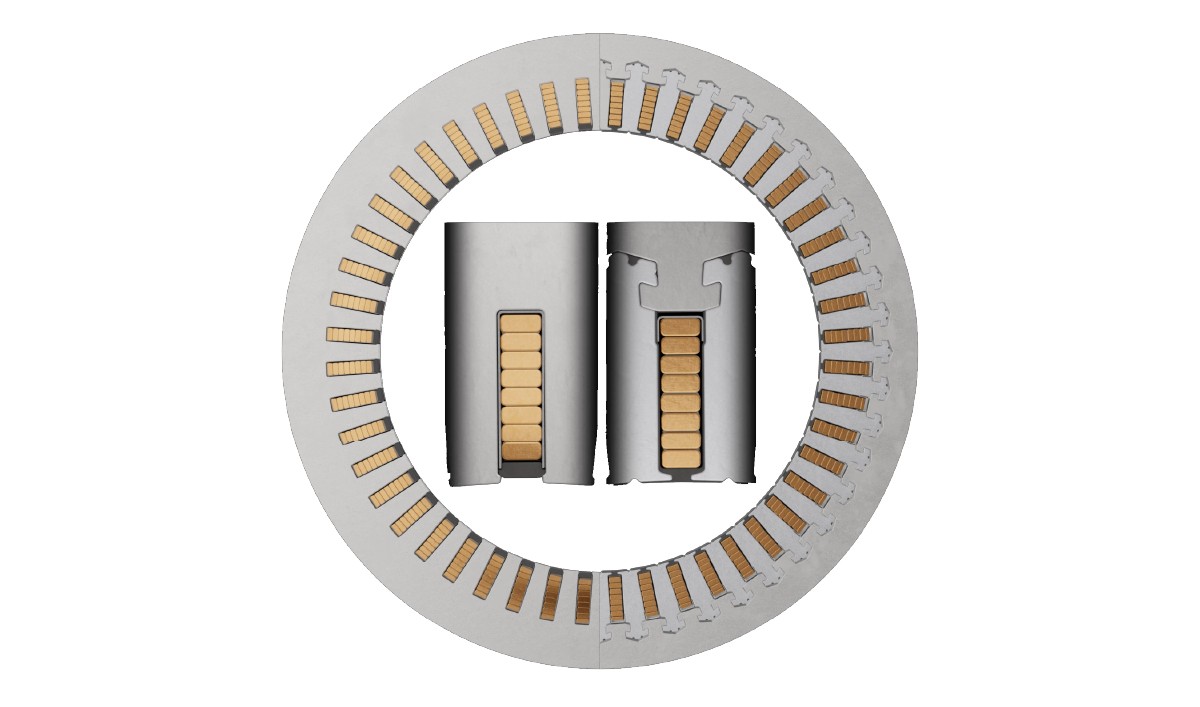 Figure 9: Cross section of a stator with first-generation continuous hairpin winding (left) and second-generation continuous hairpin winding (right)