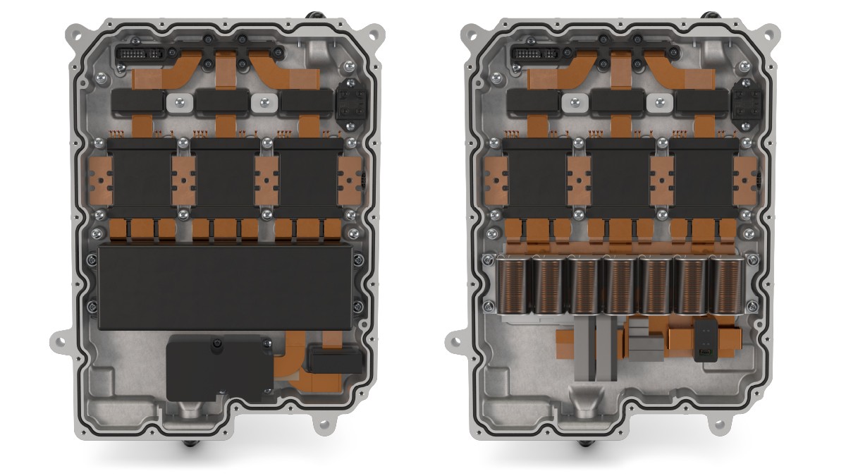 Figure 19: Layout of 800 V power electronics: state of the art (left) and with components combined (right)