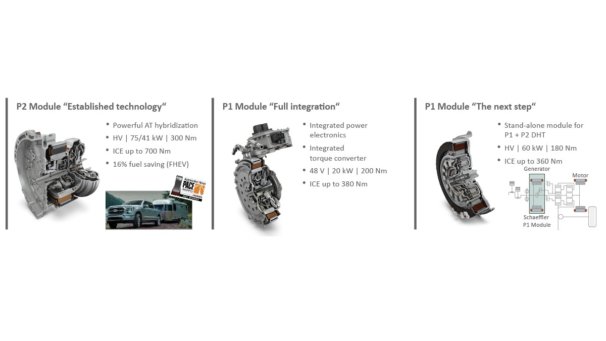 Figure 3: Types of hybrid modules: P2 high-voltage module with integral converter (left); 48 V P2 module with integral power electronics (center); P1 high-voltage module for a dedicated hybrid transmission (right)