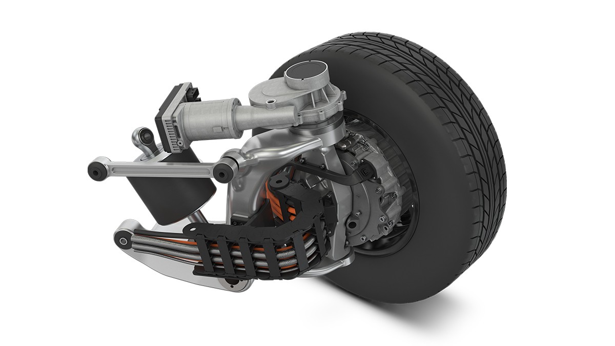 Figure 8: The Schaeffler corner module when fully configured integrates the wheel hub motor, wheel suspension with suspension componentry and actuator for the electromechanical steering assembly in a single compact unit